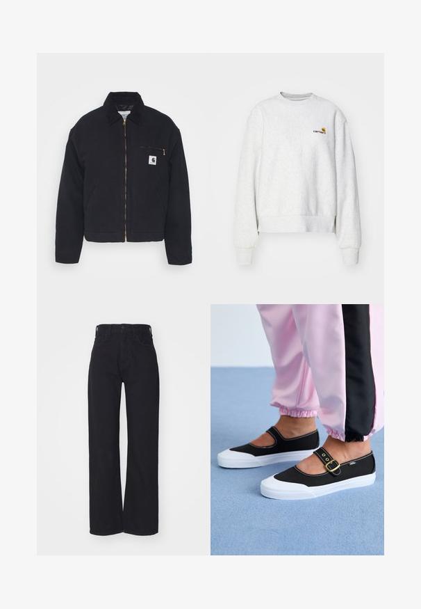 Veste en denim noir avec un col en velours côtelé, fermeture éclair à l'avant et une poche poitrine avec une fermeture éclair dorée et un patch logo sur le côté gauche.; Sweatshirt gris à col rond en tissu doux avec des poignets et un ourlet côtelés ; présente un logo brodé sur la poitrine en jaune et bordeaux.; Jeans noirs taille haute à jambes larges avec fermeture à bouton et zip à l'avant, passants de ceinture et deux poches avant sur fond blanc.; Baskets noires en toile avec une semelle blanche, présentant un design découpé et une sangle en boucle dorée. Portées avec un pantalon de survêtement rose.