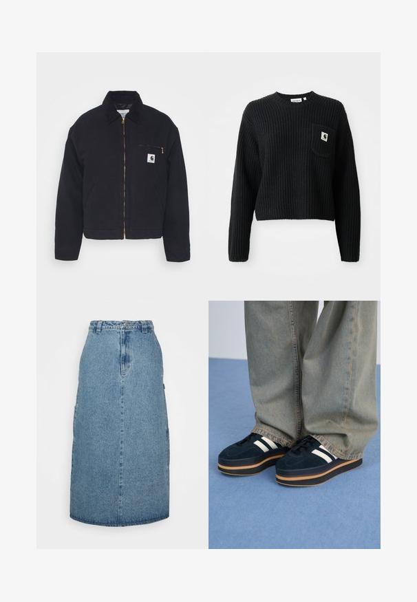 Zwart denim jack met een corduroy kraag, ritssluiting vooraan en een borstzak met een gouden rits en een logo patch aan de linkerkant.; Zwarte geribbelde gebreide trui met een ronde hals, lange mouwen en een voorzak met een klein logopatch. Verkorte lengte.; Obey Clothing JUNIPER MIDI SKIRT - A-lijn rok - stonewash indigo; Donkerblauwe suède platform sneakers met witte strepen en zwarte veters. Voorzien van een dikke bruine rubberen zool. Gecombineerd met lichtblauwe denim broek.