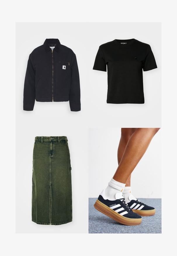 Schwarze Jeansjacke mit samtigem Kragen, Reißverschluss vorne und einer Brusttasche mit einem goldenen Reißverschluss und einem Logo-Patch auf der linken Seite.; Schwarzes T-Shirt aus Baumwolle. Kurze Ärmel und runder Halsausschnitt. Mit einem kleinen, dunklen Logo auf der linken Brust. Schlichtes, klassisches Design.; Grünes Denim-Kleid mit mittellangem Schnitt, vorderem Schlitz, Knopfschluss und Gürtelschlaufen. Die Textur ist leicht verblasst, mit Seitentaschen.; Beine mit weißen Socken und schwarzen Adidas Gazelle Sneakers mit weißen Streifen und dicken braunen Sohlen auf einem grauen Teppichboden.