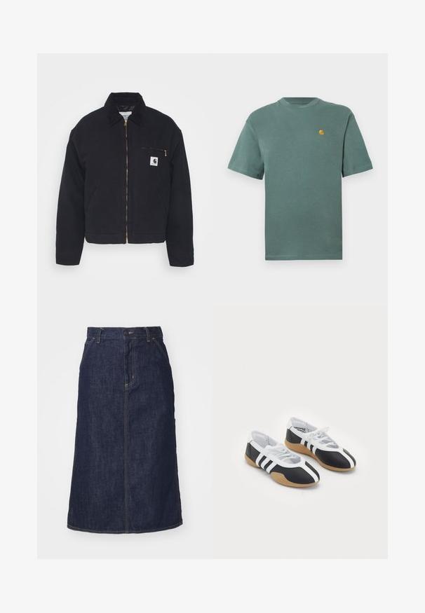 Veste en denim noir avec un col en velours côtelé, fermeture éclair à l'avant et une poche poitrine avec une fermeture éclair dorée et un patch logo sur le côté gauche.; T-shirt en coton vert avec un col rond et des manches courtes, arborant un petit logo jaune sur la poitrine gauche. Texture douce, design décontracté.; Jupe en denim foncé à taille haute, coupe droite, poches avant et coutures surpiquées. Fermeture à glissière et bouton à la taille.; Baskets de sport noir et blanc au design élégant, semelle en caoutchouc, fermeture à lacets et trois rayures blanches sur les côtés.