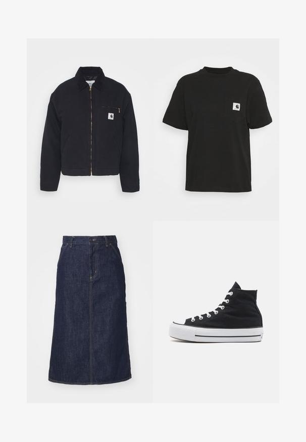 Zwart denim jack met een corduroy kraag, ritssluiting vooraan en een borstzak met een gouden rits en een logo patch aan de linkerkant.; Zwarte katoenen T-shirt met korte mouwen, ronde hals en een voorzak met een vierkant logo in wit en zwart.; Donkere spijkerrok met een hoge taille, recht gesneden, voorzakken en gestikte naden. Voorzien van een rits en knoopsluiting op de taille.; Zwart hoge canvas sneakers met een witte rubberen neus, witte veters en een textuur op het zwarte bovenwerk. Zwart-witte gestreepte tussenzool.