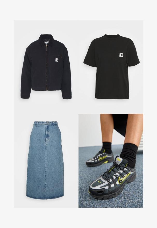 Veste en denim noir avec un col en velours côtelé, fermeture éclair à l'avant et une poche poitrine avec une fermeture éclair dorée et un patch logo sur le côté gauche.; T-shirt en coton noir à manches courtes, col rond et poche avant avec un logo carré en blanc et noir.; Obey Clothing JUNIPER MIDI SKIRT - Jupe trapèze - stonewash indigo; Chaussures de sport noires et grises avec des accents argentés réfléchissants, des panneaux en maille texturée et des détails en jaune vif. Design à lacets avec une semelle structurée.