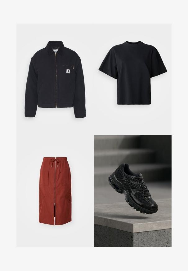 Zwart denim jack met een corduroy kraag, ritssluiting vooraan en een borstzak met een gouden rits en een logo patch aan de linkerkant.; Zwarte katoenen t-shirt met een ronde halslijn, korte mouwen en een boxy fit; heeft subtiele logo-details aan de voorkant.; Mid-length rok in terracotta rood, met een rits aan de voorkant, een elastische tailleband met trekkoord en zijzakken met een geometrisch ontwerp.; Zwarte Nike hardloopschoen met mesh en synthetische bovenkant die boven een betonnen oppervlak en trappen op de achtergrond zweeft.