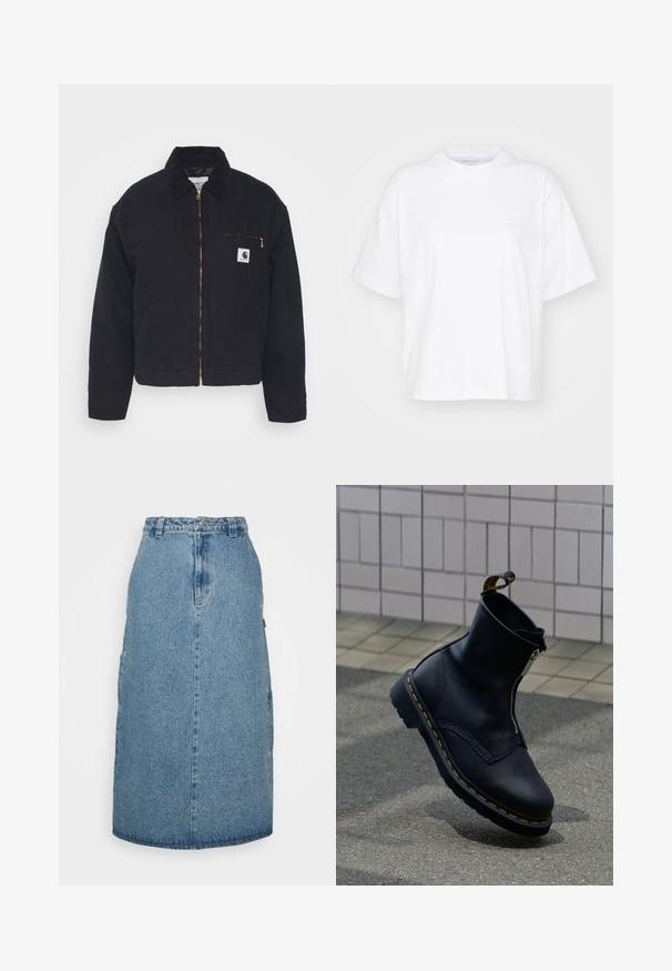 Zwart denim jack met een corduroy kraag, ritssluiting vooraan en een borstzak met een gouden rits en een logo patch aan de linkerkant.; Witte katoenen t-shirt met een ronde hals, korte mouwen en een ontspannen pasvorm. Heeft een subtiel logo op het linkerborstgedeelte. Zachte textuur.; Obey Clothing JUNIPER MIDI SKIRT - A-lijn rok - stonewash indigo; Zwarte leren enkellaars met een ritssluiting aan de zijkant, een gestructureerd oppervlak, geel stikselaccent en een rubberen zool.