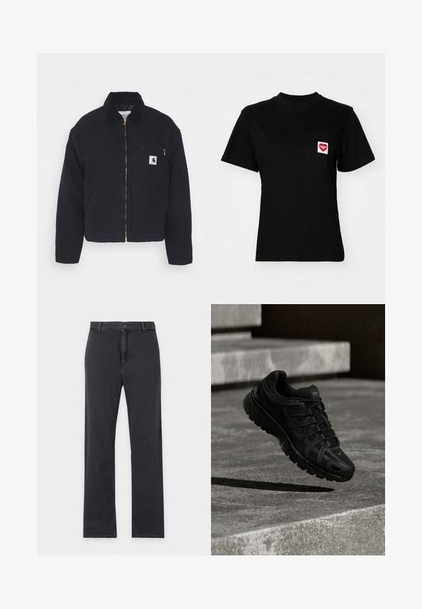 Zwart denim jack met een corduroy kraag, ritssluiting vooraan en een borstzak met een gouden rits en een logo patch aan de linkerkant.; Zwarte katoenen t-shirt met een ronde hals en korte mouwen. Heeft een borstzak met een rood hartlogo en witte tekst.; Zwarte jeans met rechte pijpen, knoop- en ritssluiting aan de voorkant, riemlussen en klassiek ontwerp met vijf zakken, plat gelegd op een witte achtergrond.; Zwarte sportschoen met een bovenwerk van mesh, een rubberen zool en een ingewikkeld vetersysteem; heeft een lichte kromming en Nike-logo.