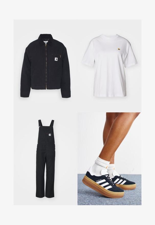 Zwart denim jack met een corduroy kraag, ritssluiting vooraan en een borstzak met een gouden rits en een logo patch aan de linkerkant.; Witte katoenen t-shirt met een relaxte pasvorm, korte mouwen en een klein geborduurd logo op de linkerborst.; Zwarte stoffen overall met verstelbare schouderbanden, voorzak en zijknopen. Recht model, gladde textuur, minimalistische stijl.; Ben met witte sokken en zwarte Adidas Gazelle sneakers met witte strepen en dikke bruine zolen op een grijs tapijt.