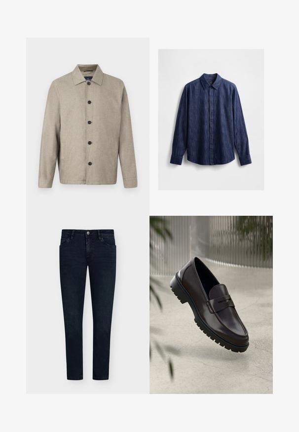 Veste beige clair avec un col, fermeture à boutons à l'avant, deux poches latérales et une coupe épurée légèrement ample. Texture douce.; Chemise en denim bleu foncé avec un col classique, des manches longues, une fermeture à boutons sur le devant et un tissu légèrement texturé. Pas de motifs visibles.; Jean en denim bleu foncé avec une coupe ajustée, design à cinq poches, fermeture à bouton et léger délavage. Pantalon à l'avant plat et jambes étroites.; Mocassins en cuir marron avec une semelle en caoutchouc texturée et striée. Présente un design épuré et une sangle décorative sur le cou-de-pied.