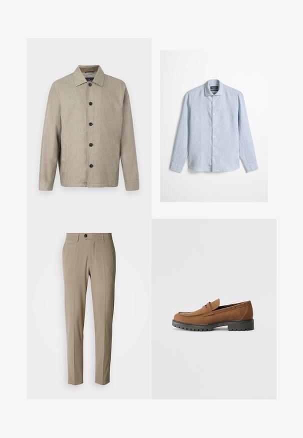 Veste beige clair avec un col, fermeture à boutons à l'avant, deux poches latérales et une coupe épurée légèrement ample. Texture douce.; Chemise bleu clair à manches longues avec boutons et col classique, en tissu texturé, présentée sur un fond uni.; Pantalons beige sur mesure avec un devant plat, des poches latérales, des passants pour ceinture et une fermeture à un seul bouton noir. Texture de tissu lisse.; Mocassins en daim marron avec un bout arrondi et une semelle noire en caoutchouc basse, présentant une sangle décorative et des détails de couture sur le dessus.