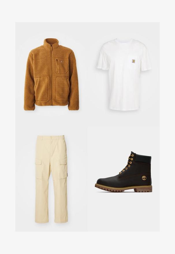 Fleecejakke i en varm brun farve med fuld lynlås, høj krave, to frontlommer og en brystlomme med lynlåslukning.; Hvid bomulds T-shirt med korte ærmer, en brystlomme, og et lille firkantet logo patch i orange og hvid på lommen.; Beige cargo bukser lavet af stof med elastisk talje og knaplukning. Har to sidelommer og et enkelt design.; Sorte læder ankelstøvle med gyldne øjer, brune detaljer og gummisål. Har en polstret krave og præget logo på siden.