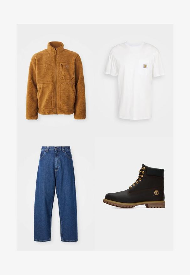 Fleece jas in een warme bruine kleur met een volledige rits, hoge kraag, twee voorzakken en een borstzak met ritssluiting.; Witte katoenen t-shirt met korte mouwen, een borstzak en een klein vierkant logo-opdruk in oranje en wit op de zak.; Denim wijde broek in donkerblauw. Kenmerken zijn een hoge taille, riemlussen en een klassiek vijf-pocket ontwerp. Gestikte zoom met een schone afwerking.; Zwarte leren enkellaars met gouden oogjes, bruine accenten en een rubberen zool. Heeft een gevoerde kraag en geperst logo aan de zijkant.