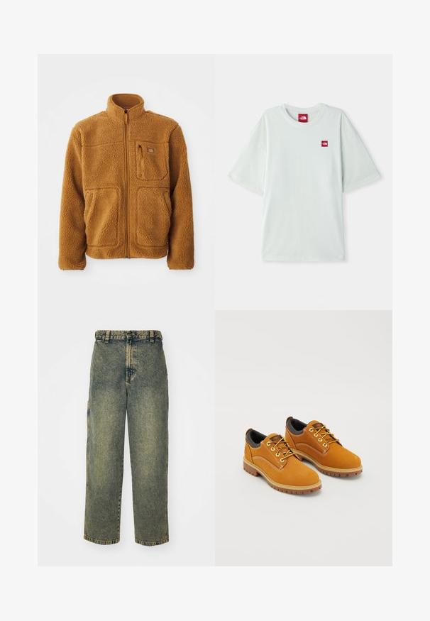 Fleece jas in een warme bruine kleur met een volledige rits, hoge kraag, twee voorzakken en een borstzak met ritssluiting.; Lichtgroene T-shirt met korte mouwen van zachte katoen, voorzien van een klein rood logo label op de linker borst. Ontspannen pasvorm en ronde halslijn.; Baggy denim jeans in een vervaagde blauwe en groene was. Heeft een knoopsluiting, riemlussen en zijzakken. Vlakke voorkant en rechte pijpen.; Bruine suède schoenen met een ronde neus, gele veters, een gewatteerde zwarte kraag en rubberen zolen met gripgroeven.
