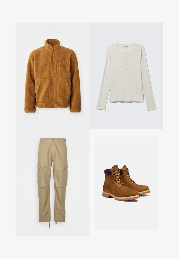 Fleecejakke i en varm brun farve med fuld lynlås, høj krave, to frontlommer og en brystlomme med lynlåslukning.; Langærmet cremefarvet henley-shirt med rund halsudskæring og fem-knaps læg, mærket Weekday, lagt fladt på en neutral baggrund.; Khaki cargo bukser lavet af letvægtsstof, med flere sidelommer, en afslappet pasform og justerbare snore i bunden.; Brune ruskinds ankelstøvler med en polstret sort krave, gyldne snørehuller og en tyk gummisål med en mønster, der giver godt greb.