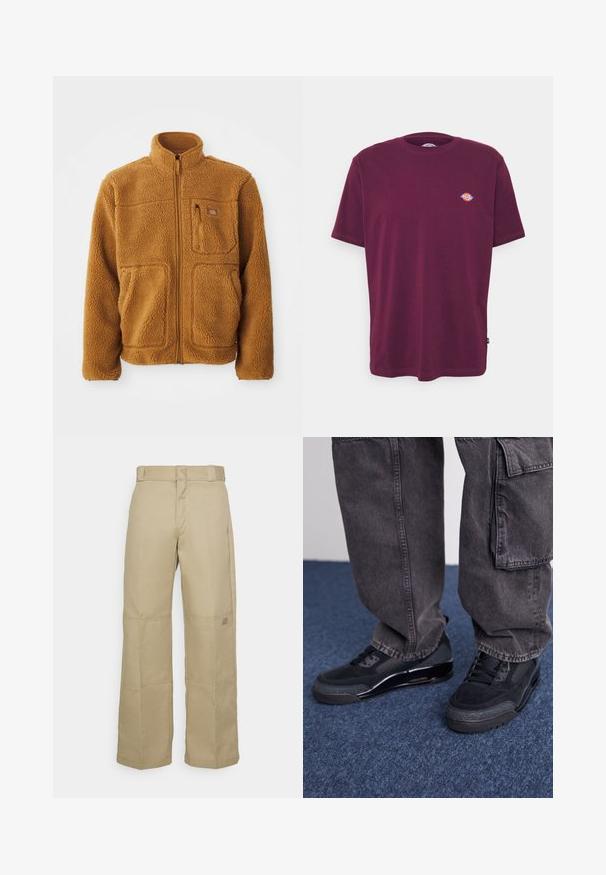 Fleecejacke in einem warmen Braunton mit durchgehendem Reißverschluss, hohem Kragen, zwei Fronttaschen und einer Brusttasche mit Reißverschluss.; Bordeauxfarbene Baumwoll-T-Shirt mit Rundhalsausschnitt, kurzen Ärmeln und einem kleinen mehrfarbigen Logo auf der Brust. Glatte Textur, normale Passform.; Beige, weit geschnittene Hosen aus robustem Stoff, mit hoher Taille, sichtbaren Nähten und einem kleinen Logopatch an der Seite.; Schwarze Sportschuhe mit einer strukturierten Oberfläche, glatten Akzenten und einer chunky Sohle, kombiniert mit dunklen, lässig sitzenden Cargo-Hosen.