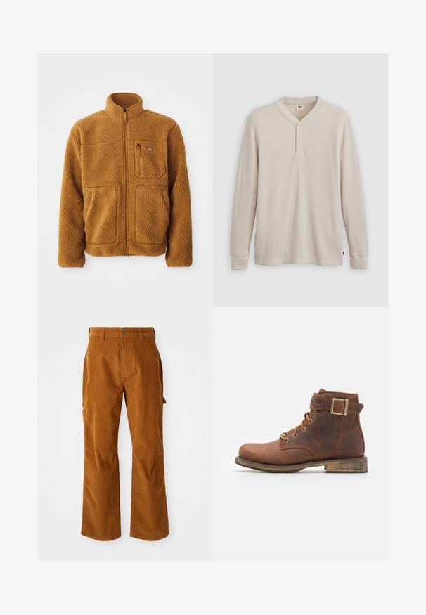 Fleecejacke in einem warmen Braunton mit durchgehendem Reißverschluss, hohem Kragen, zwei Fronttaschen und einer Brusttasche mit Reißverschluss.; Langärmliges Henley-Shirt aus leicht beigem Rippstoff mit V-Ausschnitt, Knopfleiste mit drei Knöpfen und angeschnittenen Ärmeln. Roter Logo-Tag am Saum.; Braune Cordhosen mit einem ausgestellten Beindesign, ausgestattet mit Seitentaschen und einem Knopfverschluss vorne. Die Textur ist weich und gerippt.; Harley Davidson VNTGMOTO SHORT RIDING APPROVED - Cowboy-/Bikerstiefelette - brown