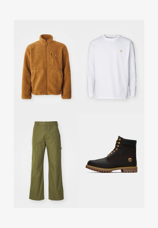 Fleece jas in een warme bruine kleur met een volledige rits, hoge kraag, twee voorzakken en een borstzak met ritssluiting.; Witte lange mouwen t-shirt van katoen. Voorzien van een klein gouden logo op de borst en een ronde hals. Eenvoudig ontwerp en standaard pasvorm.; Olijfgroene wijde broek van duurzaam materiaal, met een knoopsluiting, zijzakken en een rechte zoom.; Zwarte leren enkellaars met gouden oogjes, bruine accenten en een rubberen zool. Heeft een gevoerde kraag en geperst logo aan de zijkant.