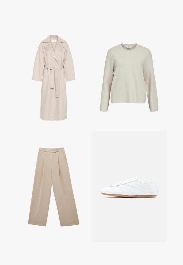 Beige wollen mengstof jas met een gekarteld kraag, een ceintuur in de taille en brede mouwen. Heeft een strak design en een middellange zoom. Gestructureerd oppervlak.; Lichtbeige lange mouwen trui met een ronde hals. Gemaakt van een textuur brei materiaal, met iets afgezakte schouders en een relaxte pasvorm.; Beige broek met brede pijpen, voorplooien, zijzakken en een tailleband met een stoffen ceintuurdetail.; Witte lage sneaker met vetersluiting, glad leren bovenwerk, subtiele gestikte panelen en lichtbruine rubberen zool.