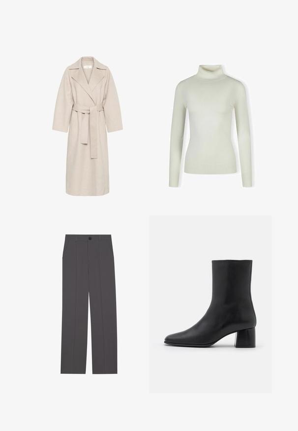 Beige uldblandakot med en klippet krave, bælte i taljen og brede ærmer. Har et rent design og mellemlangt skjorte. Tekstureret overflade.; Lys cremefarvet sweater med rullekrave lavet af blødt, ribbet materiale; tætsiddende design med lange ærmer og tekstureret kant. Ingen mønstre eller detaljer.; Grå bukser med lige ben design, der har to side lommer og en knaplukning. Glat stof uden synlige mønstre eller detaljer.; Sorte læder ankelstøvler med spids tå og en kraftig firkantet hæl. Glat overflade med et sømløst design og minimalistisk syning.
