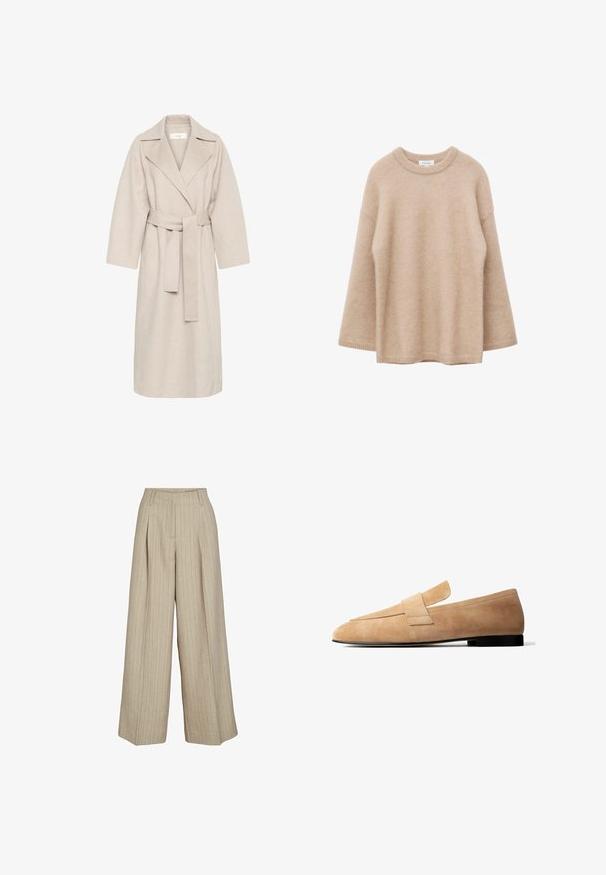 Beige Wollmischungsmantel mit Reverskragen, tailliertem Bund und weiten Ärmeln. Verfügt über ein schlichtes Design und einen mittellangen Saum. Texturierte Oberfläche.; Beiger Pullover mit langen Ärmeln, Rundhalsausschnitt, weicher, flauschiger Textur und lockerem Schnitt, vor weißem Hintergrund dargestellt.; Beige Hosen mit weitem Bein, senkrechten Nadelstreifen, Gürtelschlaufen, vorderen Falten und einem hohen Bund.; Hellbrauner Wildleder-Slipper mit niedrigem schwarzem Absatz und breitem Riemendetail über dem Spann, im Seitenprofil vor weißem Hintergrund dargestellt.
