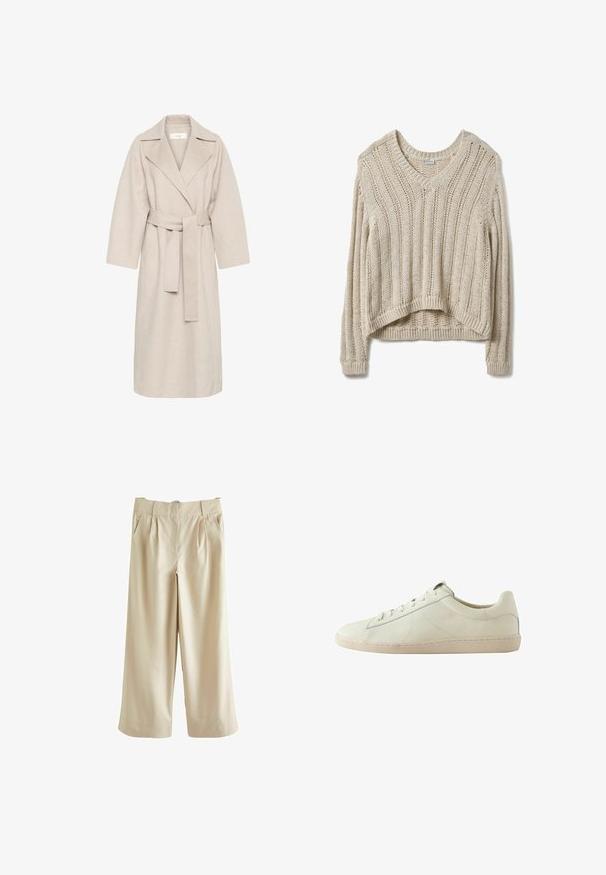 Abrigo de mezcla de lana beige con cuello de muesca, cintura ceñida y mangas anchas. Presenta un diseño limpio y un dobladillo de longitud media. Superficie texturizada.; Jersey beige de punto con cuello en V, presenta una textura acanalada vertical y un corte corto y holgado. Mangas largas con puños acanalados.; Next SMART WIDE LEG - Pantalones - stone; Zapatilla blanca de piel de corte bajo con superficie texturizada, cierre de cordones y suela de goma beige, mostrada de lado sobre un fondo blanco.