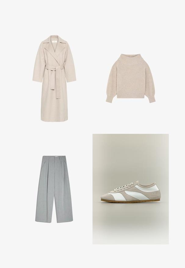 Beige Wollmischungsmantel mit Reverskragen, tailliertem Bund und weiten Ärmeln. Verfügt über ein schlichtes Design und einen mittellangen Saum. Texturierte Oberfläche.; Beiger gerippter Strickpullover mit langen, puffigen Ärmeln und einem breiten, umgeschlagenen Rollkragen.; Graue plissierte Hose aus strukturiertem Stoff, mit Seitentaschen, weitem Bein und einer klaren, maßgeschneiderten Silhouette.; Low-Profile-Sneaker mit beigefarbenem Wildleder-Overlay, weißen Lederpaneelen, beigen Schnürsenkeln und Gummisohle, seitlich auf neutralem Hintergrund gezeigt.