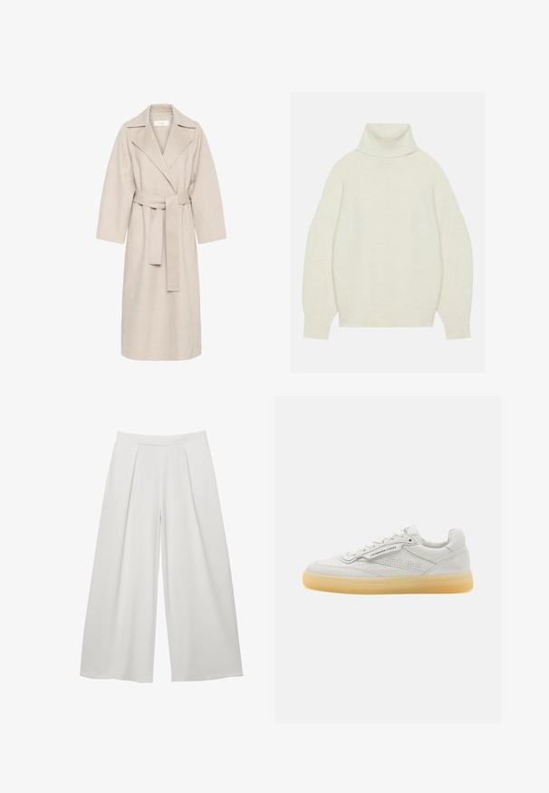 Beige Wollmischungsmantel mit Reverskragen, tailliertem Bund und weiten Ärmeln. Verfügt über ein schlichtes Design und einen mittellangen Saum. Texturierte Oberfläche.; Turtleneck-Pullover in Creme, aus weichem Strickmaterial gefertigt. Verfügt über einen lockeren Schnitt, Raglanärmel sowie gerippte Bündchen und Saum.; Weiße Hosen mit weitem Bein, hoher Taille und vorderen Falten, entworfen für eine lockere, fließende Passform.; Weiße Leder-Sneaker mit durchbrochenen Akzenten, runder Zehenpartie und cremefarbener Gummisohle. Verfügt über tonale Nähte und ein minimalistisches Design.