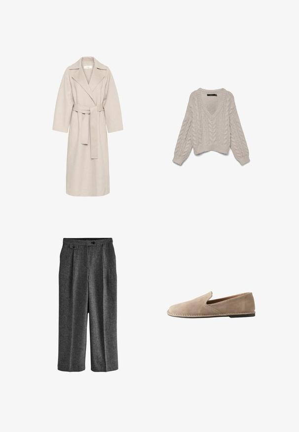 Beige uldblandakot med en klippet krave, bælte i taljen og brede ærmer. Har et rent design og mellemlangt skjorte. Tekstureret overflade.; Lys beige kabelstrikket sweater med V-udskæring, lange ærmer og ribbet kant. Har et struktureret mønster og en kort silhuet.; Højtaljede, mørk grå, brede bukser med tekstureret stof, brystlommer med knaplukning, frontfolder og knaplukning i taljen.; Beige ruskind slip-on loafers med rund tå, lav flad hæl, syet sål og elastisk sideindsats for nem påtagning.
