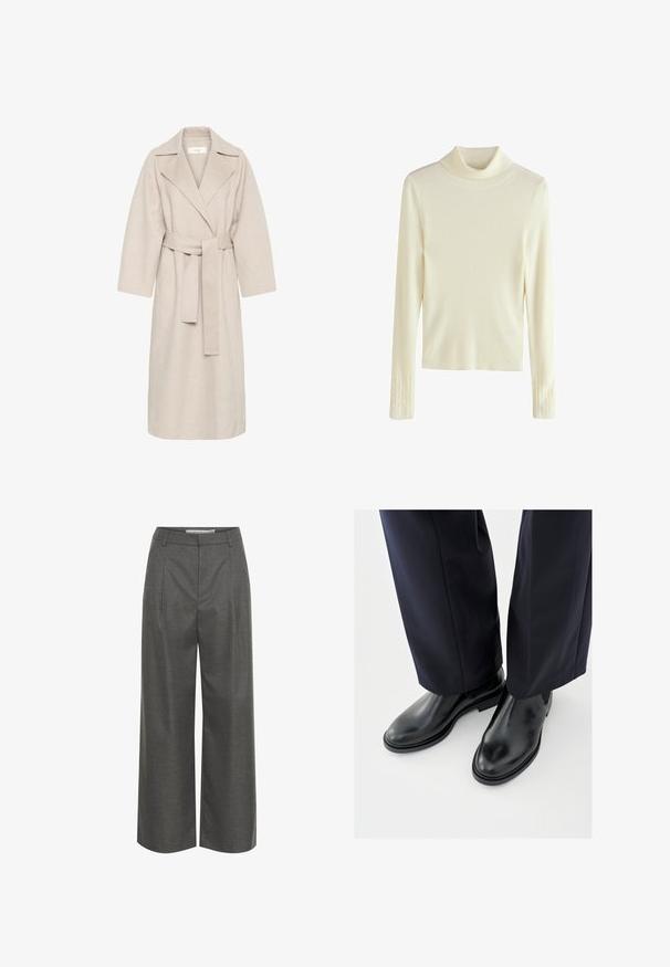 Beige uldblandakot med en klippet krave, bælte i taljen og brede ærmer. Har et rent design og mellemlangt skjorte. Tekstureret overflade.; Ribbede turtleneck sweater i lys elfenben, med lange ærmer og teksturerede detaljer ved manchetterne. Blødt, strækbart stof.; Grå brede bukser lavet af struktureret stof, med høj talje og frontfolder, uden synlige lommer eller hardware detaljer.; Sorte Chelsea-støvler i læder med en glat finish, flade såler og elastiske sidepaneler, kombineret med mørke, skræddersyede bukser.