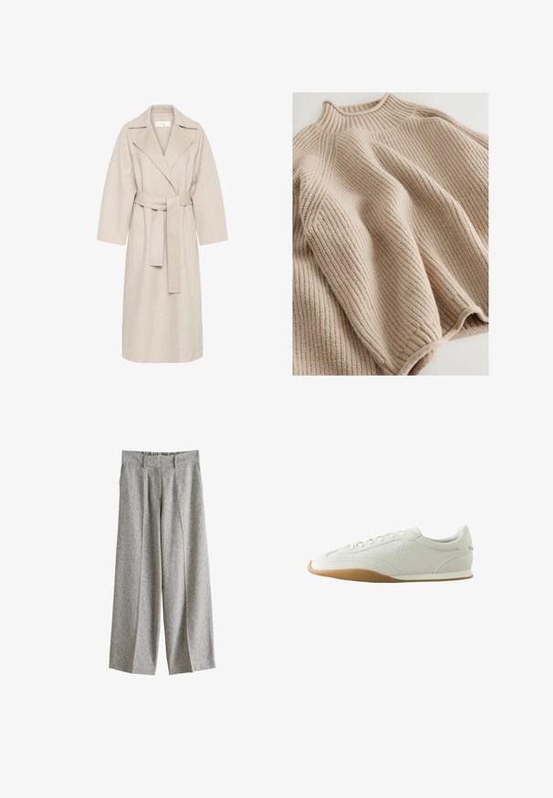 Beige uldblandakot med en klippet krave, bælte i taljen og brede ærmer. Har et rent design og mellemlangt skjorte. Tekstureret overflade.; Strikket sweater i lys beige med en ribbestrikket tekstur, udstyret med en høj krave og en bred, afslappet silhuet. Markeret med en struktureret syning.; Grå bukser med vide ben, frontplisseringer, bæltestropper, sidelommer og høj talje, vist på hvid baggrund.; Hvid lav sneaker med brun gummisål, syningsdetaljer, snørelukning foran og broderet logo på siden.
