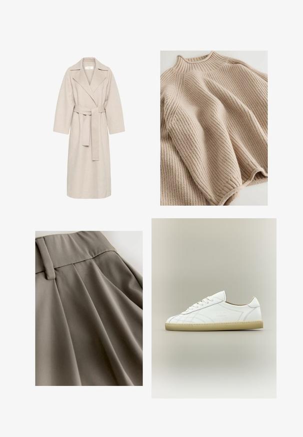 Abrigo de mezcla de lana beige con cuello de muesca, cintura ceñida y mangas anchas. Presenta un diseño limpio y un dobladillo de longitud media. Superficie texturizada.; Suéter de punto en beige claro con una textura acanalada, que presenta un cuello alto y una silueta amplia y relajada. Combinado con costura texturizada.; Falda plisada gris que presenta una textura suave y lisa y una cinturilla ancha con un detalle de cierre. La tela cae suavemente, creando pliegues elegantes.; Zapatilla de piel blanca de corte bajo con suela beige, diseño con cordones y patrones sutiles cosidos sobre fondo neutro.