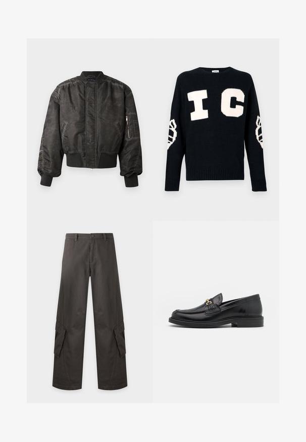 Veste bomber noire avec une finition lisse et texturée, des poignets et un ourlet côtelés, une poche zippée sur la manche et un design minimaliste.; Pull en maille noire avec de grandes lettres blanches "I" et "C" sur le devant et des accents de logo sur les deux manches. Poignets et ourlet côtelés.; Pantalon cargo gris foncé à jambes larges avec poches à rabat sur les cuisses, passants de ceinture, fermeture par bouton et braguette zippée.; Mocassins en cuir noir avec un embout rond, présentant des accents en métal doré et des détails de couture, montés sur une semelle en caoutchouc texturé et basse.