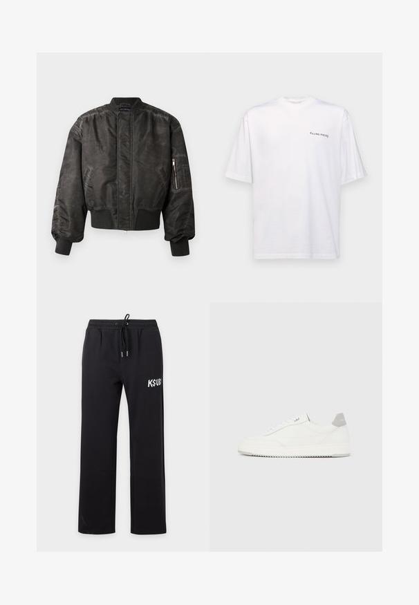 Chaqueta bomber negra con un acabado liso y texturizado, puños y dobladillo acanalados, bolsillo con cremallera en la manga y un diseño minimalista.; Camiseta blanca de manga corta en algodón con cuello en V, que presenta un logo negro de "FILLING PIECES" impreso en el lado izquierdo.; Pantalones deportivos negros de pierna recta con cintura elástica y cordón, con logo de texto blanco "KSUBI" en la parte superior del muslo izquierdo.; Zapatilla blanca de corte bajo con pestaña en el talón gris, cordones blancos y suela texturizada, presentada sobre un fondo claro y liso.