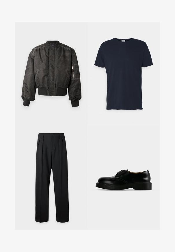 Chaqueta bomber negra con un acabado liso y texturizado, puños y dobladillo acanalados, bolsillo con cremallera en la manga y un diseño minimalista.; Camiseta de algodón azul marino con cuello redondo y mangas cortas, de textura suave y diseño simple, sin patrones ni acentos visibles.; Pantalones negros de talle alto y corte sastre, con presillas para cinturón, pliegues delanteros, cierre de botones y piernas anchas y rectas sobre un fondo claro.; Zapato de vestir negro de cuero pulido con cordones, suela gruesa, punta redondeada y tacón bajo, mostrado de lado sobre un fondo liso.