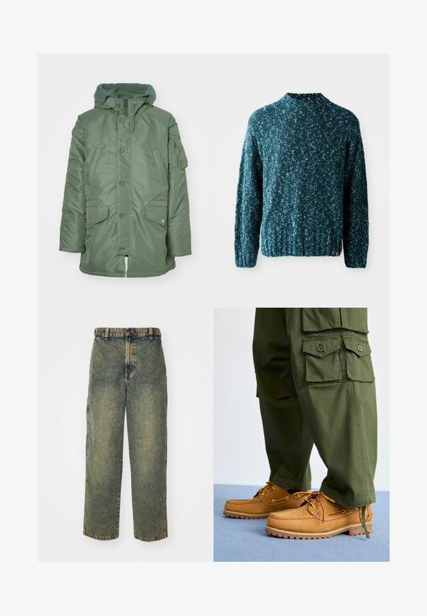 Groene gevoerde jas met een textuur fleece capuchon, voorzijde met drukknoopsluiting en twee grote zijzakken. Bevat een ritszak op de linker mouw.; Teal gebreide trui met een textuurpatroon, hoge kraag en geribbelde zoom. Gemaakt van een zachte stof met een iets losse pasvorm.; Baggy denim jeans in een vervaagde blauwe en groene was. Heeft een knoopsluiting, riemlussen en zijzakken. Vlakke voorkant en rechte pijpen.; Timberland AUTHENTIC 3 EYE - Bootschoenen - wheat