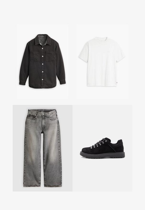 Zwarte denim shirt met een geblokte binnenvoering, twee borstzakken en zilveren knoopsluitingen. Beschikt over een klassieke kraag en lange mouwen.; Wit katoenen T-shirt met korte mouwen, ronde hals en een subtiel "Levi's" logo in een lichte kleur op de voorkant gedrukt.; Wijde jeans van zwart gewassen denim, met een hoge taille, vijf zakken en subtiele stiksel details langs de naden.; Zwarte suède wandelschoen met dikke rubberen zool en metalen oogjes, gestrikt met grijze veters op een witte achtergrond.