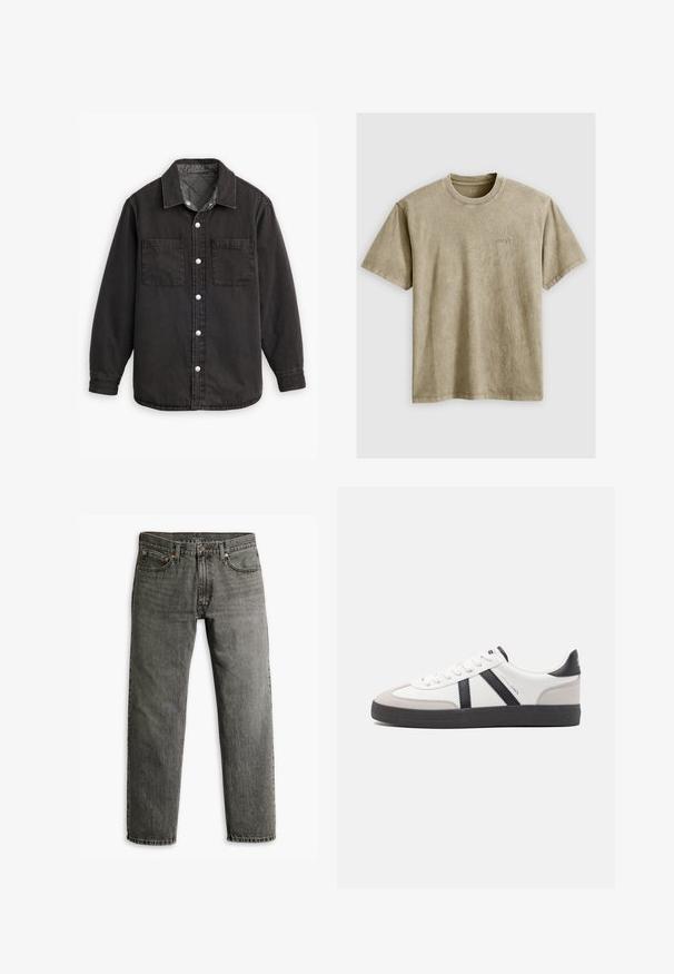 Zwarte denim shirt met een geblokte binnenvoering, twee borstzakken en zilveren knoopsluitingen. Beschikt over een klassieke kraag en lange mouwen.; Lichtbruin, T-shirt met korte mouwen en ronde hals, gemaakt van zachte stof. Heeft een klein, geborduurd logo op de borst.; Grijze denim jeans met een recht model, klassieke vijf-pocket styling en subtiele stiksels op de naden en zakken.; Witte sneaker met zwarte en grijze accenten, voorzien van een grijze neus met textuur, zwarte rubberen zool en platte witte veters. Schoon ontwerp, minimalistische stijl.