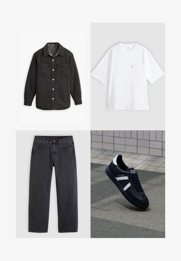 Zwarte denim shirt met een geblokte binnenvoering, twee borstzakken en zilveren knoopsluitingen. Beschikt over een klassieke kraag en lange mouwen.; Wit katoenen T-shirt met korte mouwen, ronde hals en een borstzak aan de linkerkant. Heeft een klein rood logotagje op de zak.; Zwarte spijkerbroeken met verticale strepen en een rechte pasvorm, gemaakt van denim, met een knoopsluiting aan de voorkant en vijf zakken.; Zwarte leren sneaker met witte strepen, een gestructureerde rubberen zool en vetersluiting aan de voorkant. Voorzien van een merklabel op de tong.