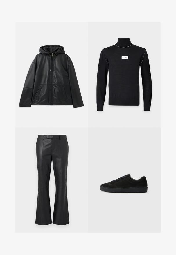 Sort læderjakke med lynlås og hætte samt to forlommer, præsenteret fladt mod en hvid baggrund.; Sort langærmet rullekrave-sweater med hvide syninger på skuldrene og et lille hvidt rektangulært logomærke på brystet.; Sorte læderbukser med en mellemhøj talje, bæltestropper, detaljerede syninger foran og en subtil flare nederst ved benene.; Sort semsket sneakers med en flad, tekstureret sål, rund tå, seks snørrehuller og et minimalistisk design.