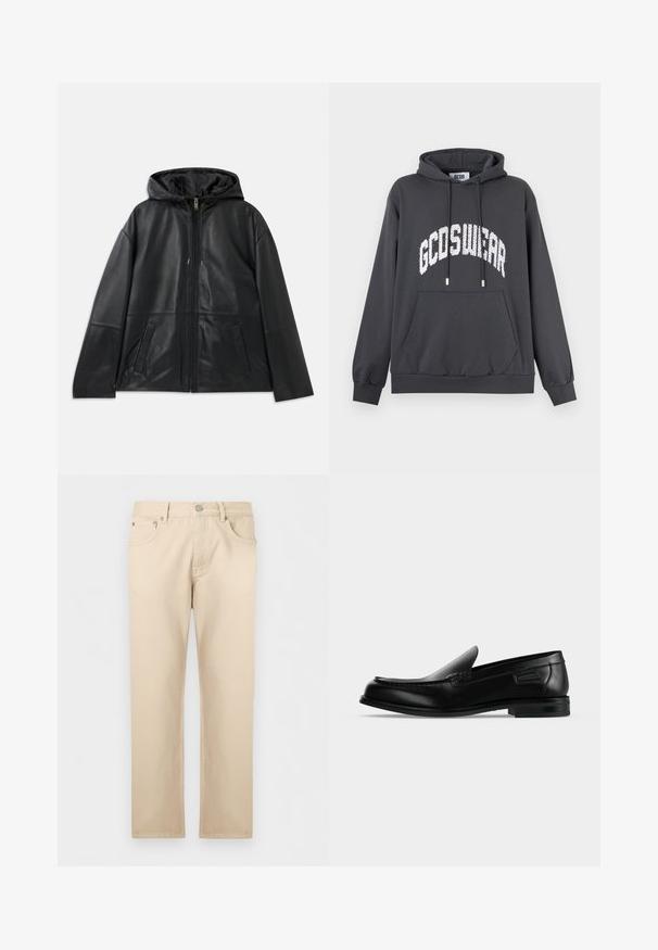 Zwarte leren ritjack met capuchon en twee voorzakken, plat weergegeven op een witte achtergrond.; Donkere grijze hoodie met voorzak in kangaroostijl, trekkoorden en witte tekst "GCDSWEAR" in boogvorm over de borst.; Beige jeans met rechte pijpen, vooraan met knoop en rits, voor- en achterzakken, plat gelegd op een lichte achtergrond.; Zwarte leren instapschoen met lage hak, afgeronde neus en decoratieve stiksels langs de bovenrand.