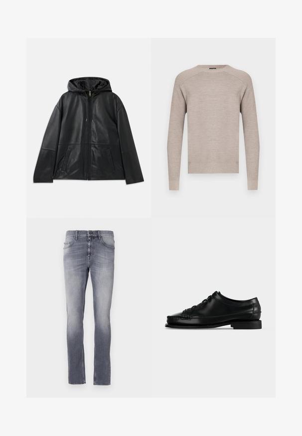 Sort læderjakke med lynlås og hætte samt to forlommer, præsenteret fladt mod en hvid baggrund.; Beige strikket sweater med rund halsudskæring, lange ærmer og ribstrikkede manchetter og kant. Glat tekstur med et subtilt, ensartet mønster.; Grå denimjeans med en falmet vask, straight-leg design, fem lommer, bæltestropper og en metalknaplukning i taljen.; Sort lædersko med snørebånd til kjolebrug med lav hæl og moc tå-syning, vist i venstre profil på ensfarvet baggrund.