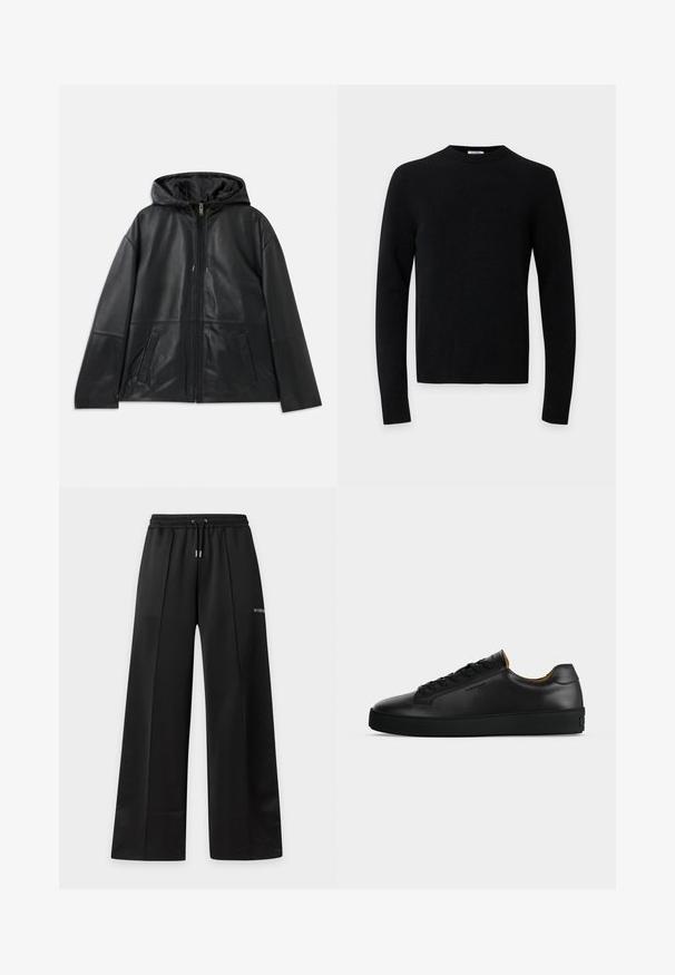 Sort læderjakke med lynlås og hætte samt to forlommer, præsenteret fladt mod en hvid baggrund.; Sort langærmet rundhalset sweater med ribkant ved kant og ærmer på en ensfarvet lysegrå baggrund.; Sorte bukser med vidde ben, elastisk linning og snor, med frontplisser og en lille logo på lårets øverste del.; Sort lavtopet læder-sneaker med sorte snørebånd, tekstureret gummisål og lille præget logo på siden, vist i profil mod grå baggrund.