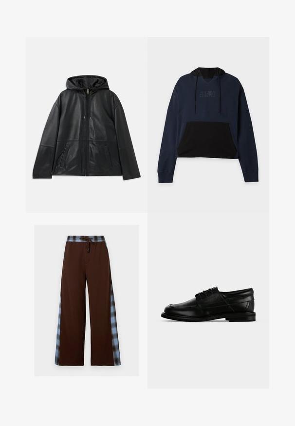 Zwarte leren ritjack met capuchon en twee voorzakken, plat weergegeven op een witte achtergrond.; Marineblauwe en zwarte cropped hoodie met voorvak, trekkoordkap en subtiel nummerontwerp op de borst.; Bruine wijde broek met blauwe en zwarte geruite zijstrepen en een taille met trekkoord.; Zwarte leren herenschoen met veters, lage hak en een aangebrachte merknaam aan de zijkant, weergegeven in zijaanzicht op een witte achtergrond.