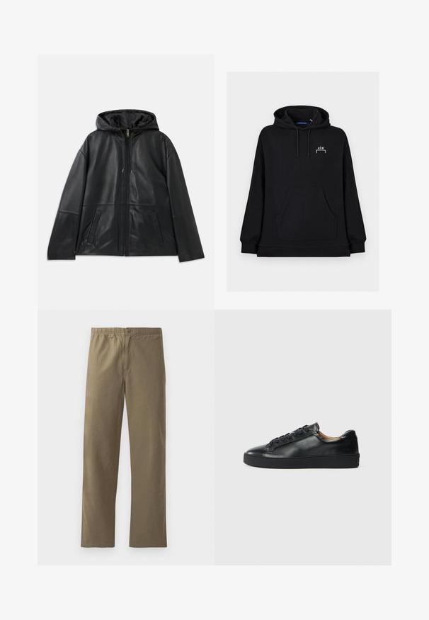 Zwarte leren ritjack met capuchon en twee voorzakken, plat weergegeven op een witte achtergrond.; Zwarte hoodie met voorzak en klein wit "A-CW"-logo op de linkerborst.; Khaki broek gemaakt van lichtgewicht stof. Heeft een elastische tailleband, een knoopsluiting, rechte pijpen en een soepele textuur.; Zwarte leren sneaker met een gladde textuur, ronde neus en vetersluiting. Heeft een dikke rubberen zool en minimale merkaanpassing.