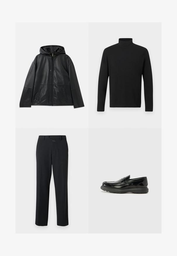 Sort læderjakke med lynlås og hætte samt to forlommer, præsenteret fladt mod en hvid baggrund.; Sort turtleneck skjorte lavet af glat stof. Har lange ærmer og en høj krave. Enkel design uden yderligere mønstre eller accenter.; Sorte bukser med lige pasform, lavet af glat stof. Har en frontlukning med knap og subtile syninger. Ensfarvet design uden mønstre.; Sort læderloafer med en blank finish, rund tå, subtile syninger og en tyk gummisål for holdbarhed.