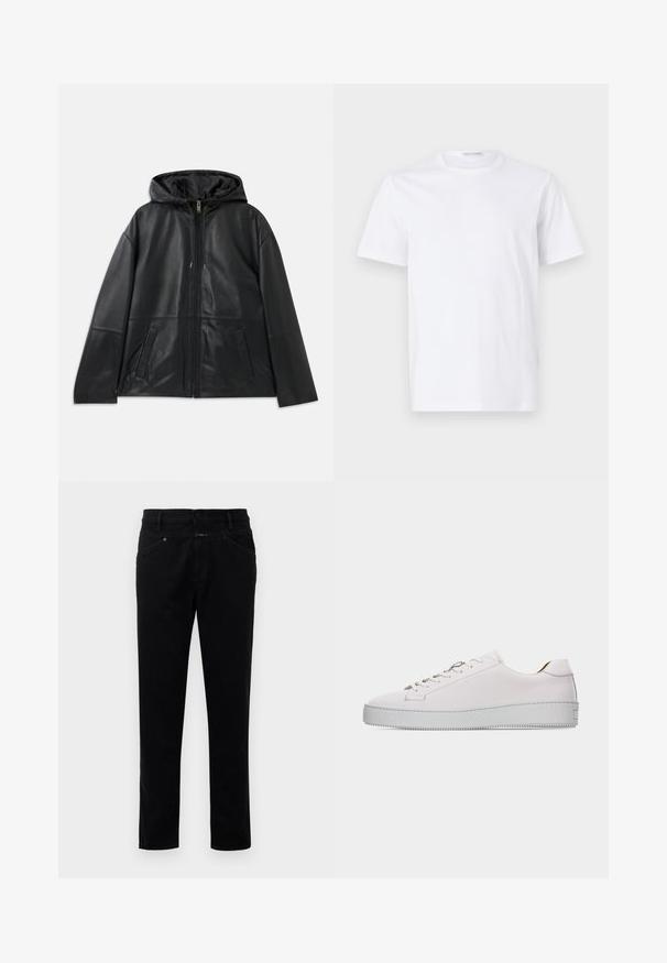 Sort læderjakke med lynlås og hætte samt to forlommer, præsenteret fladt mod en hvid baggrund.; Hvid bomulds t-shirt med rund halsudskæring og korte ærmer. Glat tekstur, lige snit og minimalistisk design uden mønstre eller accenter.; Sorte denimbukser med straight-leg design, der har knaplukning, fem lommestyle og en glat tekstur.; Hvid lædersneaker med lavt snit, hvide snørebånd, flad, tekstureret gummisål og minimal syning, vist fra ydersiden på en hvid baggrund.