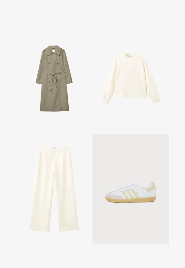 Trench-coat beige à double boutonnage avec ceinture nouée à la taille, épaulettes et deux poches avant.; Sweat-shirt crème à manches longues avec encolure ronde, une couture horizontale sur la poitrine et des poignets élastiques.; Pantalon blanc à jambes larges en tissu lisse, doté d'une ceinture plate et de deux poches avant avec des plis subtils.; Baskets blanches Adidas Samba avec des accents en daim beige, trois bandes texturées et une semelle en gomme, vues de côté sur fond blanc.