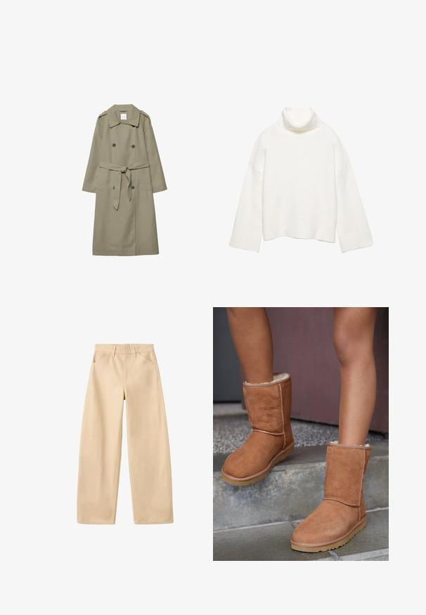 Trench-coat beige à double boutonnage avec ceinture nouée à la taille, épaulettes et deux poches avant.; Pull à col roulé blanc en tissu doux, présentant une coupe décontractée, des épaules tombantes et des poignets et un ourlet larges côtelés.; Pantalon beige à jambes larges avec passants pour ceinture, poches avant, et un design épuré et simple, posé à plat sur un fond blanc.; Bottines en suede marron, à bout rond, avec une doublure douce et une semelle en caoutchouc, présentant des détails de couture visibles le long des coutures.