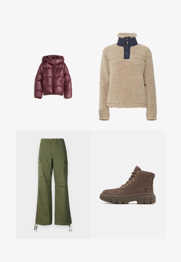 Bordeaux, puffy, hættejakke med en glansfuld finish. Har to sidelommer og en knaplukning foran. Vatteret design overalt.; Beige fleece trøje med en kvart lynlås, høj krave og en marineblå panel i den øverste front, der har et struktureret, blødt stof.; Olivengrønne cargo-buksen i bomuld med bred ben-design, to sidelommer og justerbare snore ved kanten.; Brune ruskindsankelstøvle med rund tå, snørebåndssystem, gyldne øjer og tyk gummisål. Har logo på siden og polstret krave.