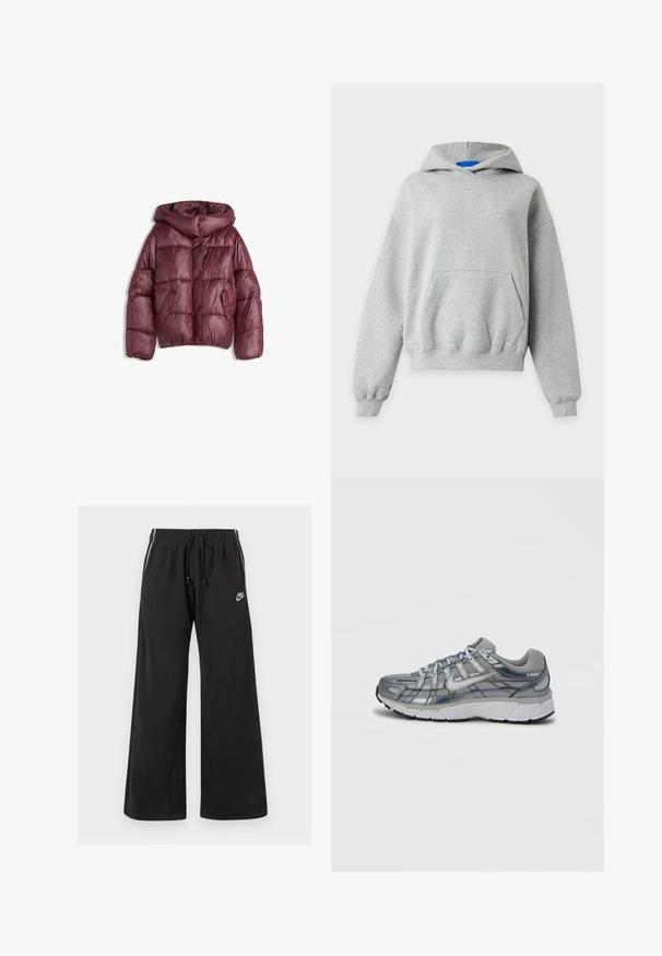 Bordeaux, puffy, hættejakke med en glansfuld finish. Har to sidelommer og en knaplukning foran. Vatteret design overalt.; Lysegrå hættetrøje med lange ærmer, front-kængurulomme, ribkanter ved ærmer og skørt samt et lille hvidt Nike-logo centralt nær halsudskæringen.; Sorte sweatpants lavet af blødt stof, med en elastisk talje og snøre, sidestriber og et lille logo på venstre front.; Grå atletiksko med mesh-overdel, metaliske detaljer og hvid sål. Har snøresystem og teksturerede detaljer for bedre greb.