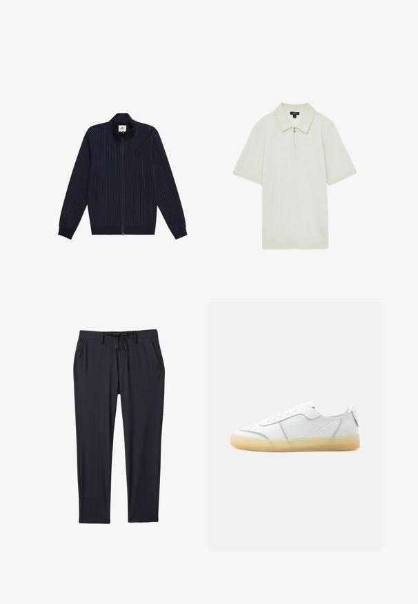 Marineblauwe jacket met verticale witte strepen, ritssluiting, staande kraag, zijzakken en ribgebreide manchetten en zoom. Minimalistisch logo op de borst.; Cremekleurige polo met ritssluiting, gemaakt van zachte stof, heeft een puntkraag, korte mouwen en een rechte zoom.; Marineblauwe sportbroeken van rekbare stof, met een tailleband met trekkoord, twee zijzakken en een rechte pijp.; Witte lage leren sneaker met beige doorschijnende zool, veters aan de voorkant en minimale stiksel details, zijaanzicht op een effen achtergrond.