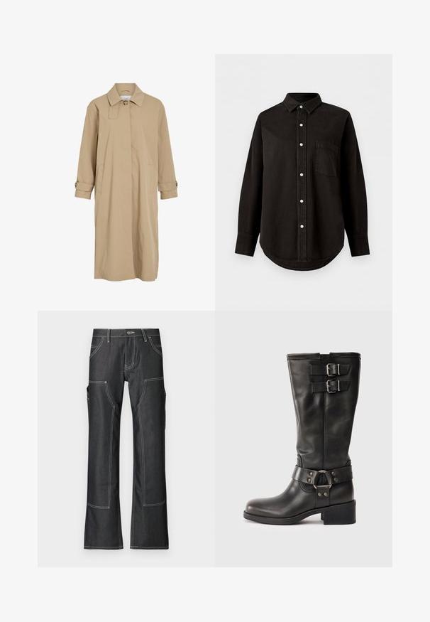 Manteau long beige avec un bouton unique au col, fermeture avant dissimulée, poches latérales et sangles à boutons aux poignets.; Chemise noire à manches longues avec boutons, col et poche poitrine, présentée sur fond blanc uni.; Pantalons cargo en denim sombre avec des coutures contrastées blanches, comportant plusieurs poches et un design à jambes évasées. Tissu durable et fermeture à bouton en métal.; Boot en cuir noir mi-mollet avec deux boucles en argent près du haut et une sangle décorative avec un anneau en métal autour de la cheville, talon carré.